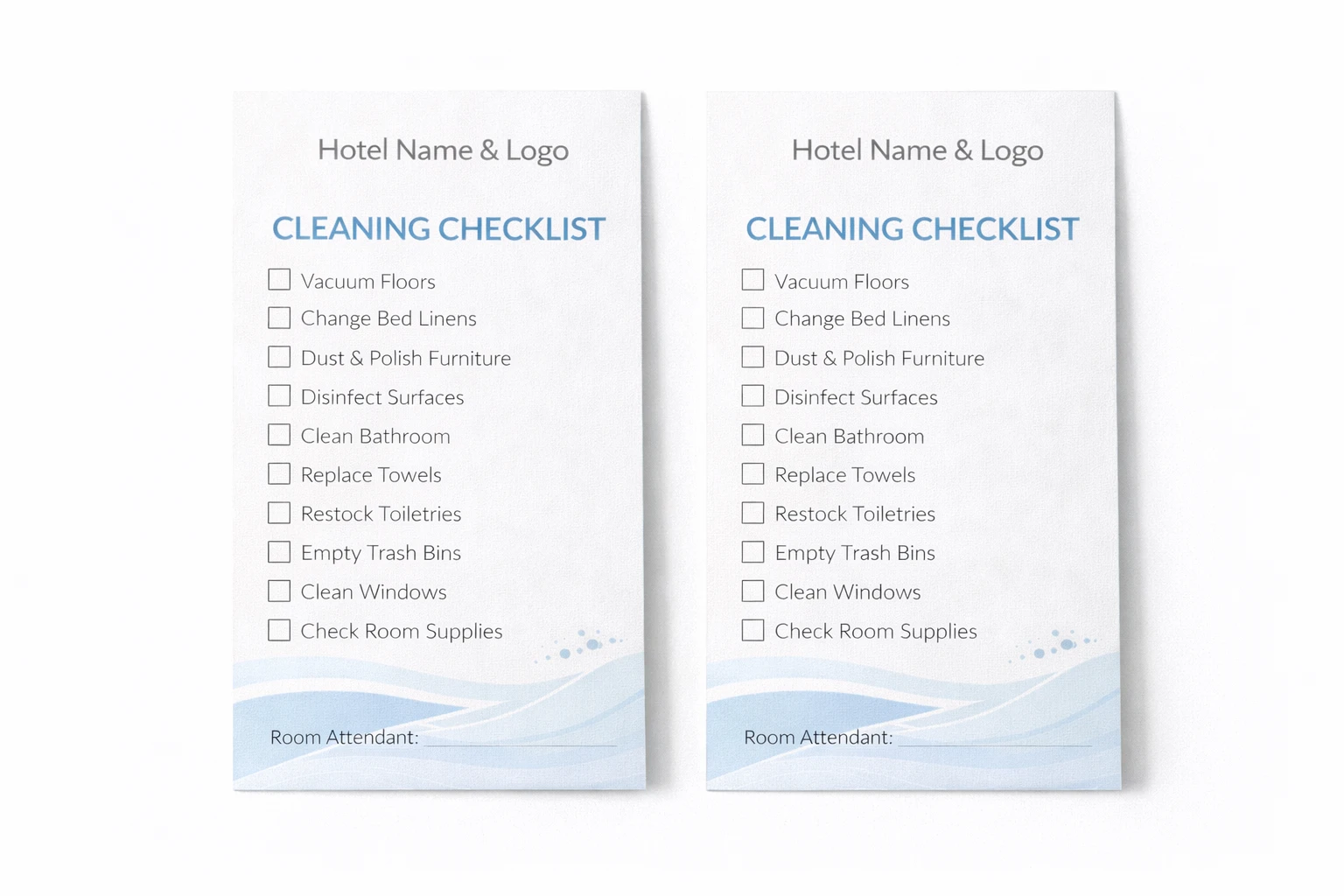 Custom Hotel Name & Logo Cleaning Checklist Cards for Housekeeping